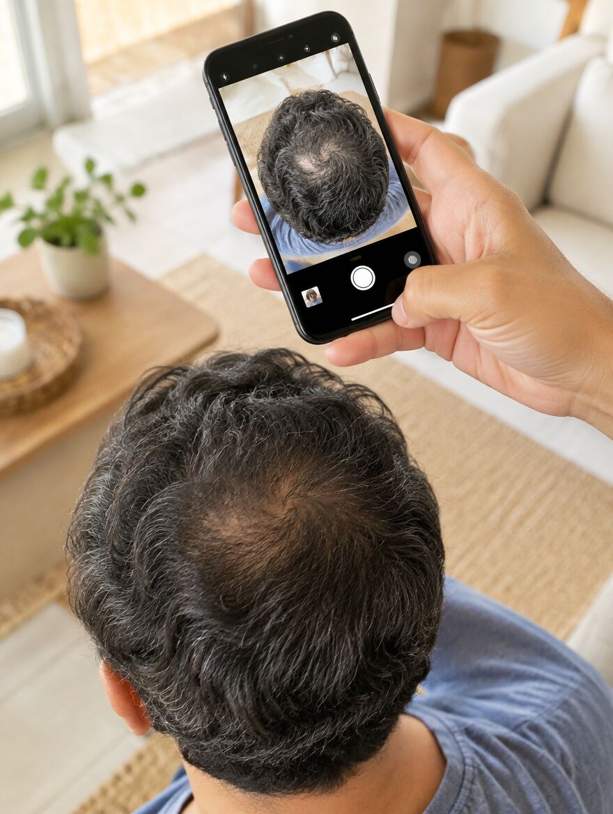 Mão segurando o celular acima da cabeça para fotografar o topo do couro cabeludo